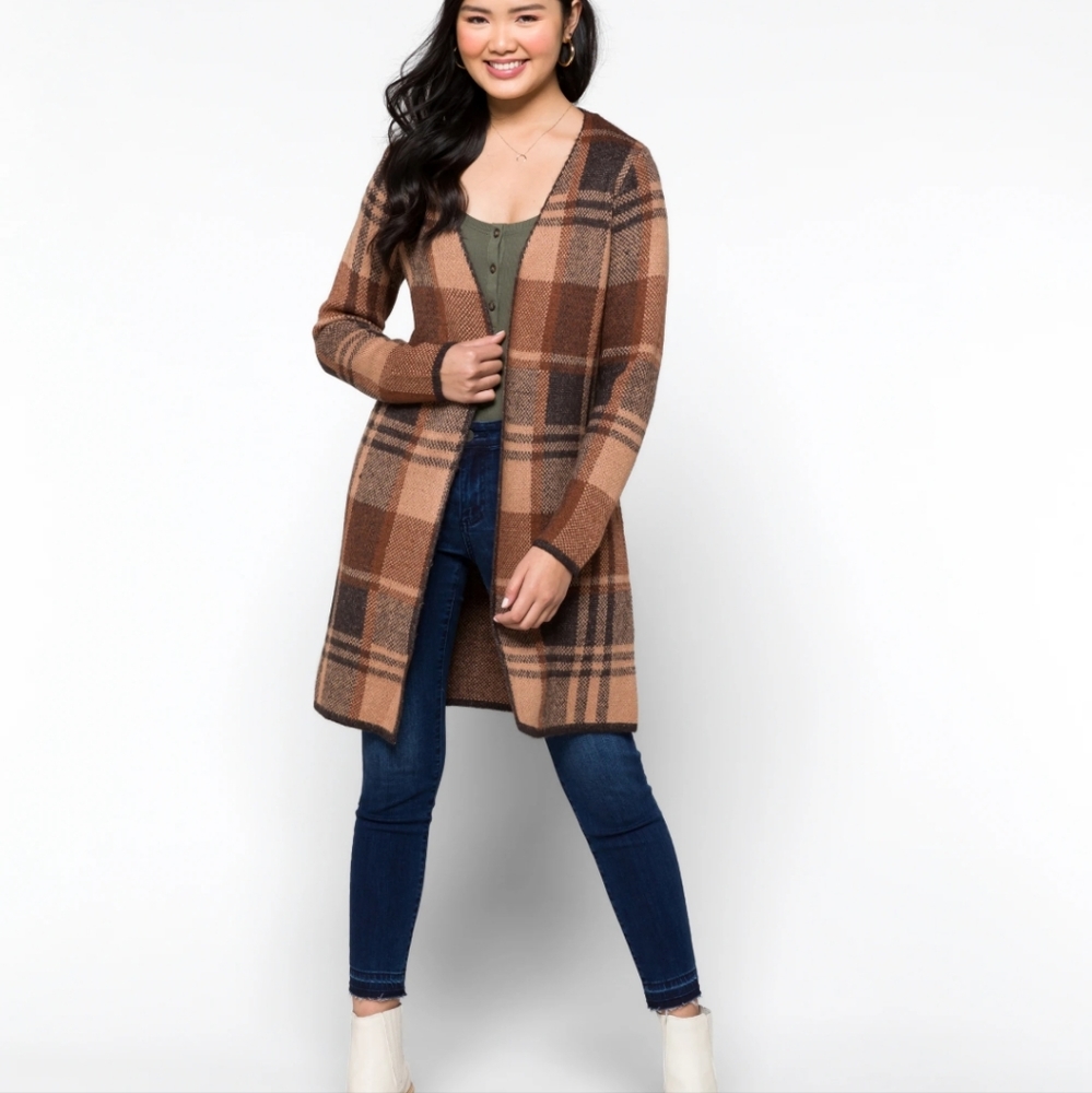 NWT  S Fortune and Ivy Plaid Brown Coatigan Long and Open Cardigan